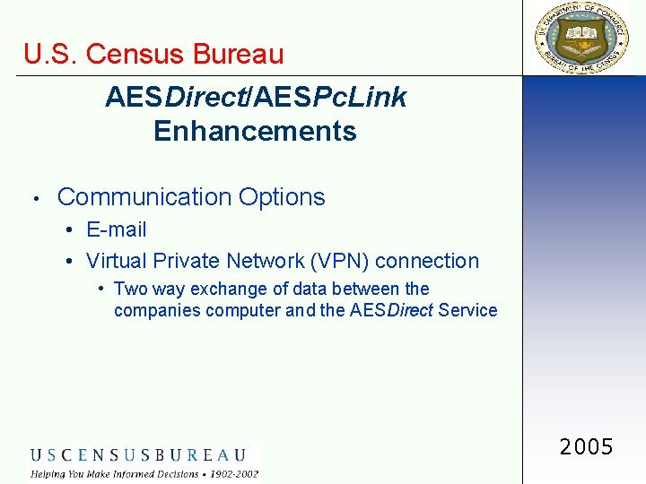 U. S. Census Bureau AESDirect/AESPc. Link Enhancements • Communication Options • E-mail • Virtual