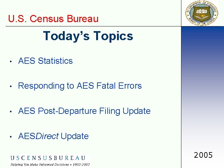 U. S. Census Bureau Today’s Topics • AES Statistics • Responding to AES Fatal