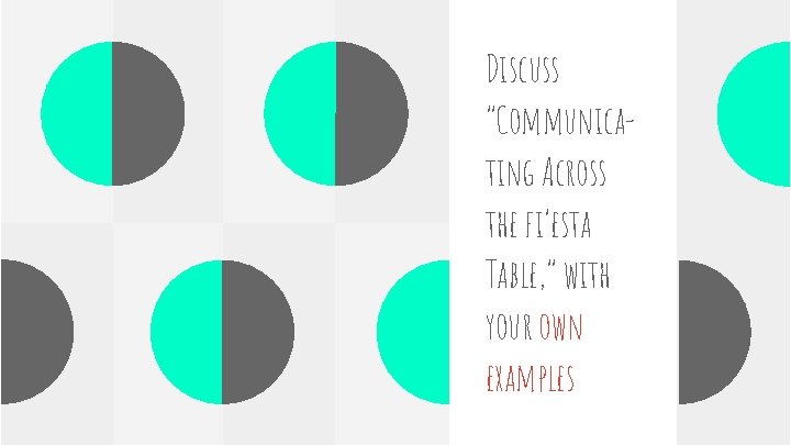 Discuss “Communicating Across the fi’esta Table, ” with your own examples 