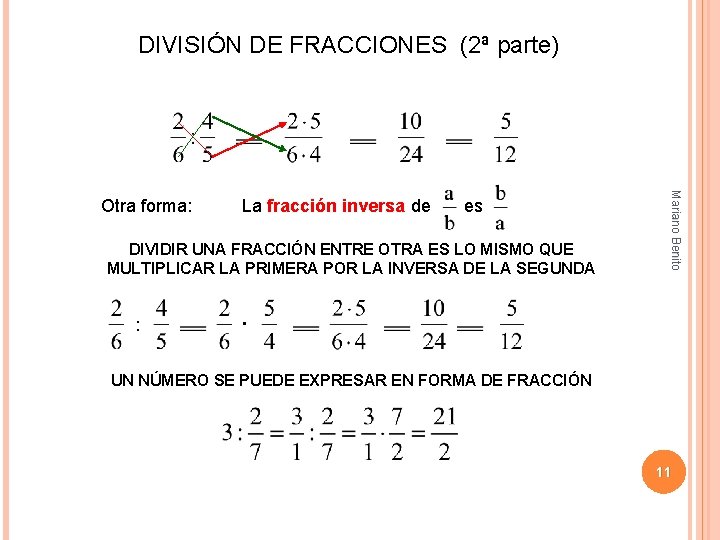 DIVISIÓN DE FRACCIONES (2ª parte) La fracción inversa de es DIVIDIR UNA FRACCIÓN ENTRE