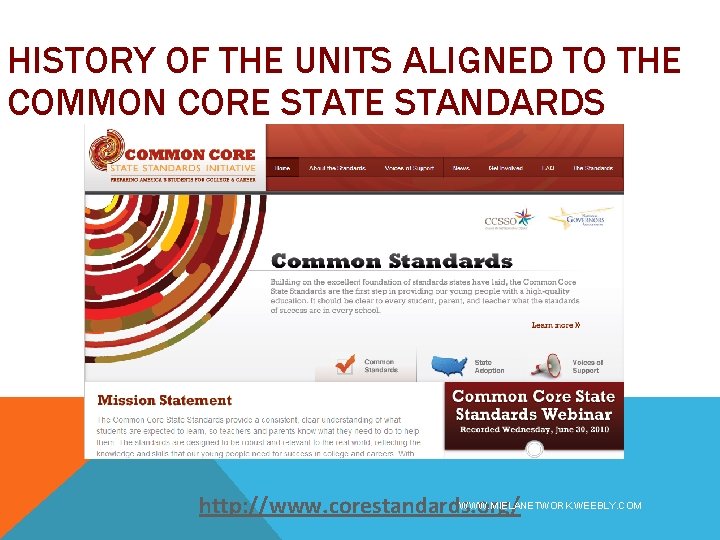HISTORY OF THE UNITS ALIGNED TO THE COMMON CORE STATE STANDARDS WWW. MIELANETWORK. WEEBLY.