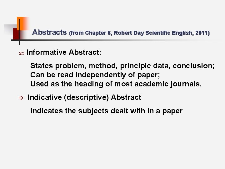 Abstracts (from Chapter 6, Robert Day Scientific English, 2011) Informative Abstract: States problem, method,