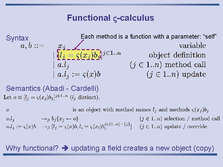 Functional -calculus Syntax Each method is a function with a parameter: “self” Semantics (Abadi
