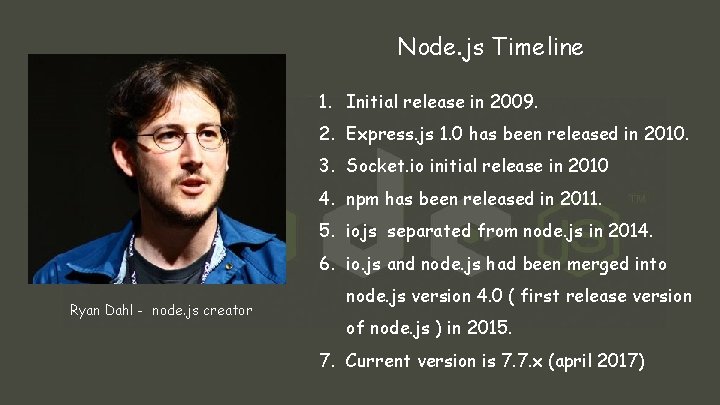 Node. js Timeline 1. Initial release in 2009. 2. Express. js 1. 0 has