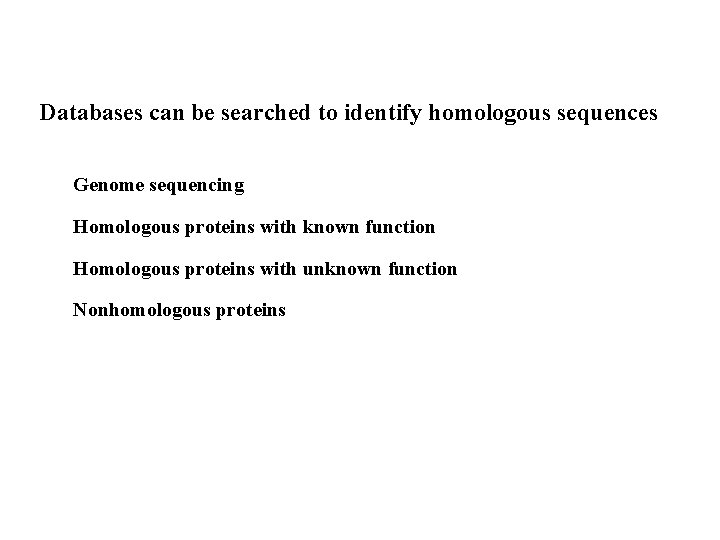 Databases can be searched to identify homologous sequences Genome sequencing Homologous proteins with known