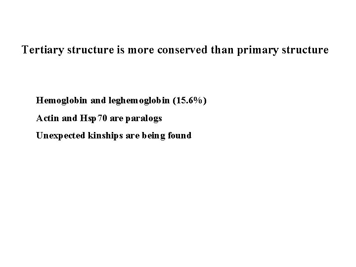 Tertiary structure is more conserved than primary structure Hemoglobin and leghemoglobin (15. 6%) Actin