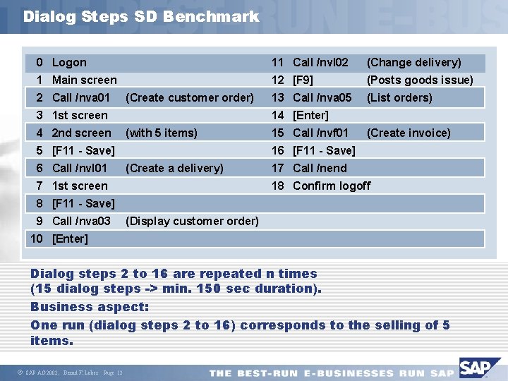 Dialog Steps SD Benchmark 0 Logon 11 Call /nvl 02 (Change delivery) 1 Main