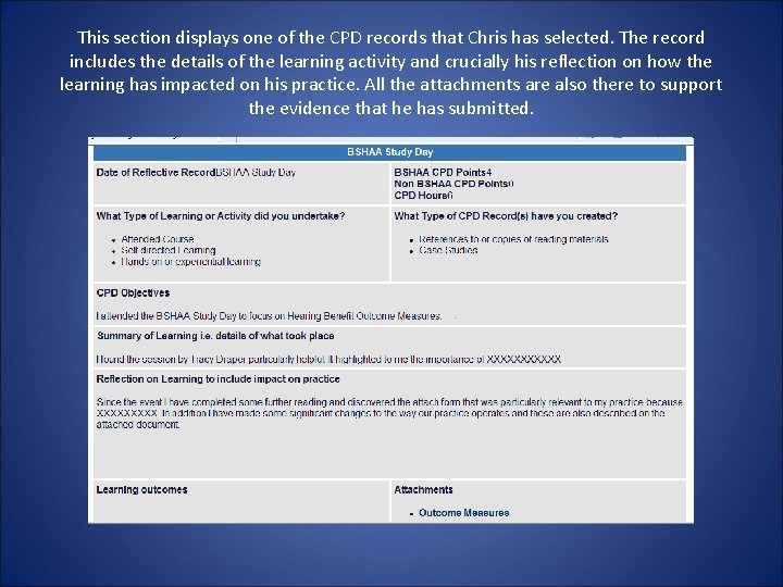 This section displays one of the CPD records that Chris has selected. The record