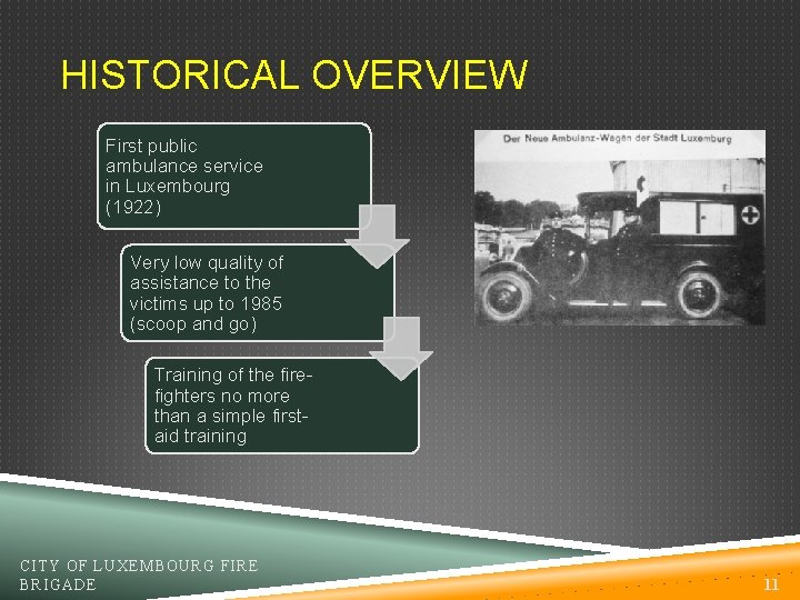 HISTORICAL OVERVIEW First public ambulance service in Luxembourg (1922) Very low quality of assistance