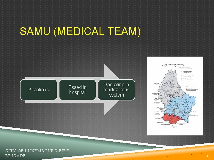 SAMU (MEDICAL TEAM) 3 stations Based in hospital CITY OF LUXEMBOURG FIRE BRIGADE Operating