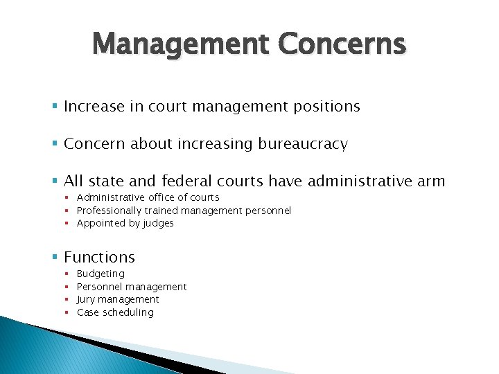 Management Concerns § Increase in court management positions § Concern about increasing bureaucracy §