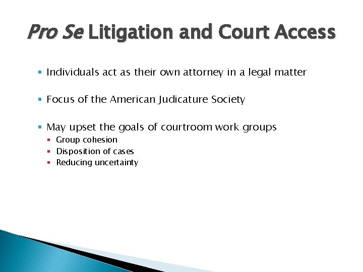 Pro Se Litigation and Court Access § Individuals act as their own attorney in
