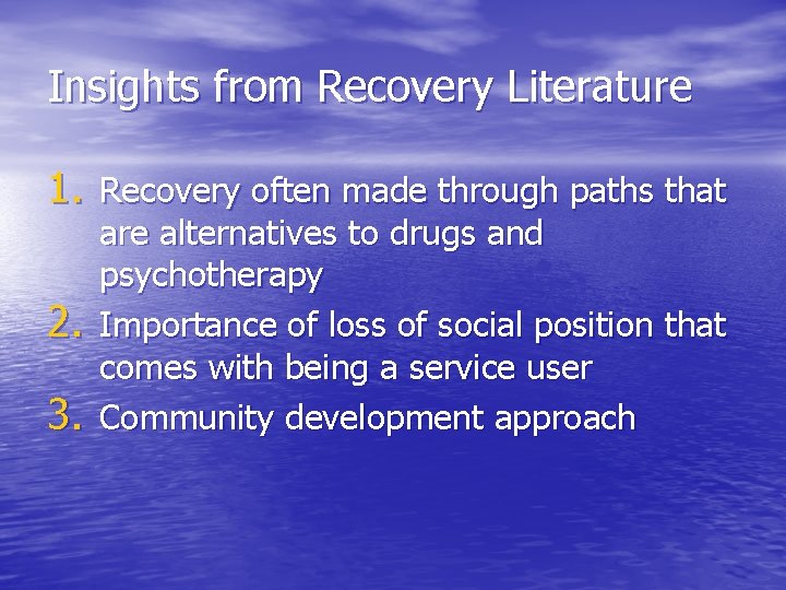 Insights from Recovery Literature 1. Recovery often made through paths that 2. 3. are