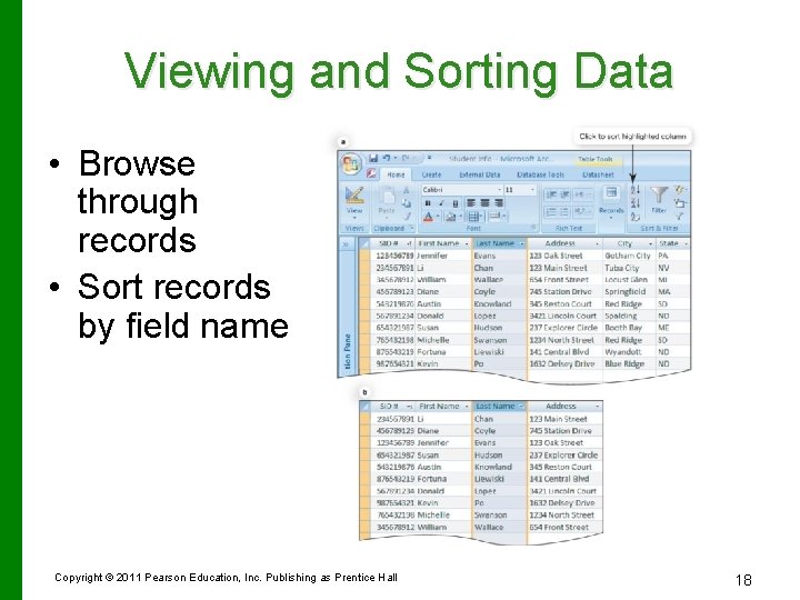 Viewing and Sorting Data • Browse through records • Sort records by field name Viewing and Sorting Data • Browse through records • Sort records by field name