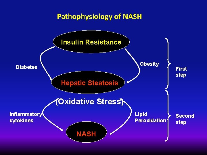 Pathophysiology of NASH Insulin Resistance Obesity Diabetes First step Hepatic Steatosis (Oxidative Stress) Inflammatory