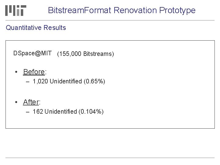 Bitstream. Format Renovation Prototype Quantitative Results DSpace@MIT (155, 000 Bitstreams) • Before: – 1,