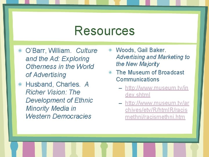 Resources O’Barr, William. Culture and the Ad: Exploring Otherness in the World of Advertising
