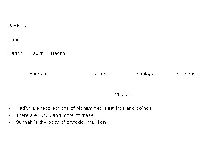 Pedigree Deed Hadith Sunnah Hadith Koran Analogy Shariah • • • Hadith are recollections