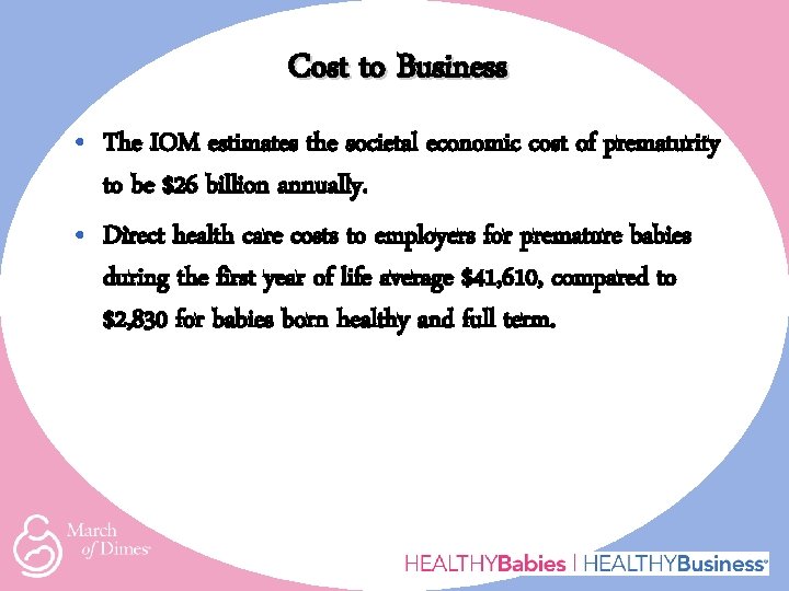 Cost to Business • The IOM estimates the societal economic cost of prematurity to