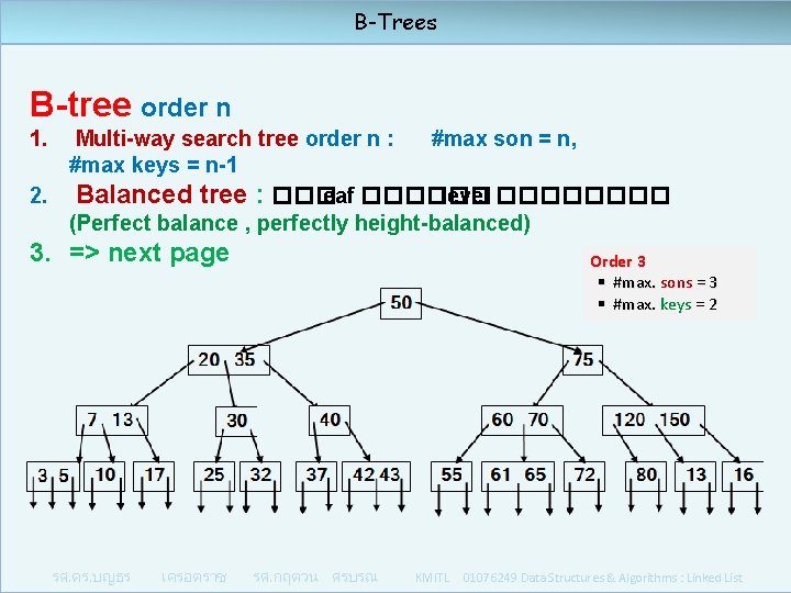 B-Trees B-tree order n 1. Multi-way search tree order n : #max son =