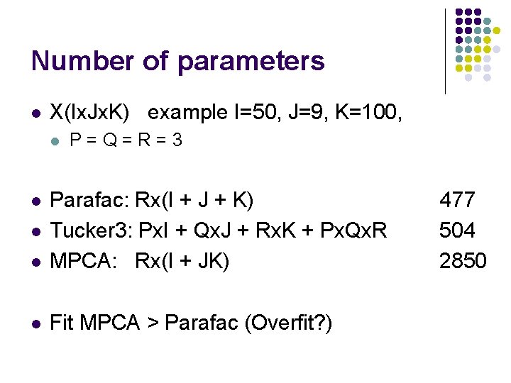 Number of parameters l X(Ix. Jx. K) example I=50, J=9, K=100, l P=Q=R=3 l