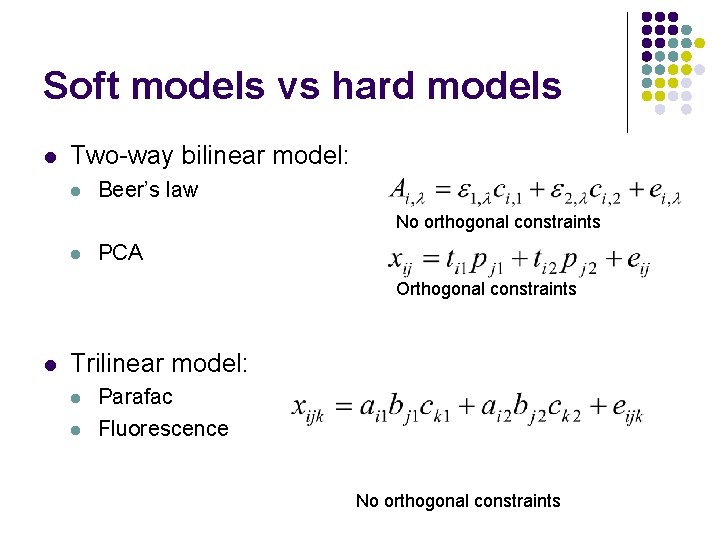Soft models vs hard models l Two-way bilinear model: l Beer’s law No orthogonal