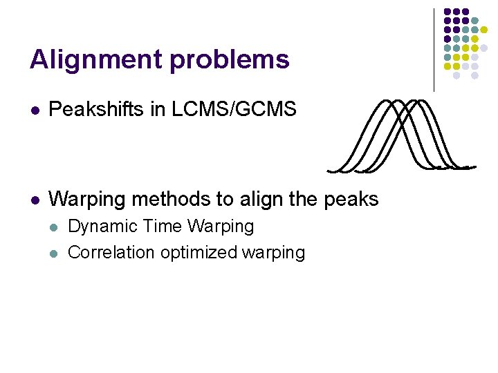 Alignment problems l Peakshifts in LCMS/GCMS l Warping methods to align the peaks l
