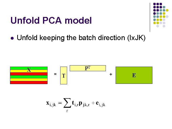 Unfold PCA model l Unfold keeping the batch direction (Ix. JK) X PT =