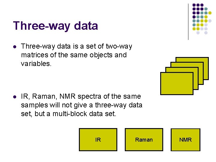 Three-way data l Three-way data is a set of two-way matrices of the same