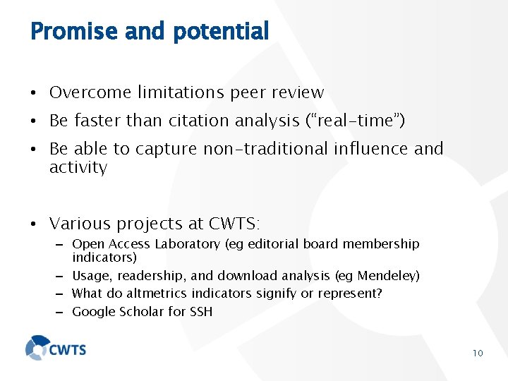 Promise and potential • Overcome limitations peer review • Be faster than citation analysis