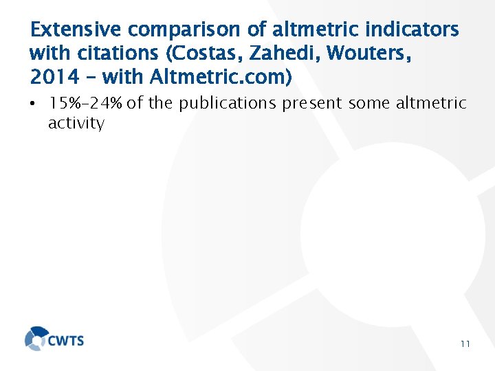 Extensive comparison of altmetric indicators with citations (Costas, Zahedi, Wouters, 2014 – with Altmetric.