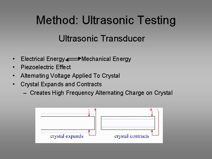 Method: Ultrasonic Testing Ultrasonic Transducer • • Electrical Energy Mechanical Energy Piezoelectric Effect Alternating