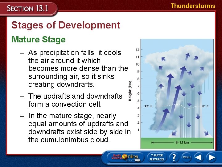 Thunderstorms Stages of Development Mature Stage – As precipitation falls, it cools the air