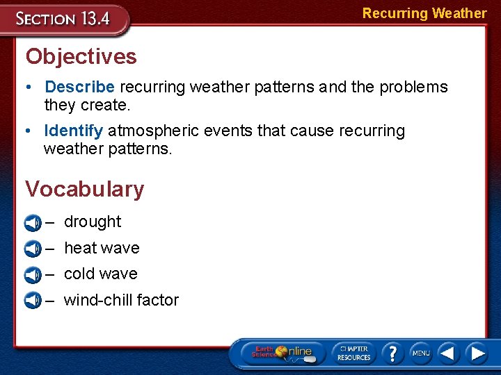 Recurring Weather Objectives • Describe recurring weather patterns and the problems they create. •