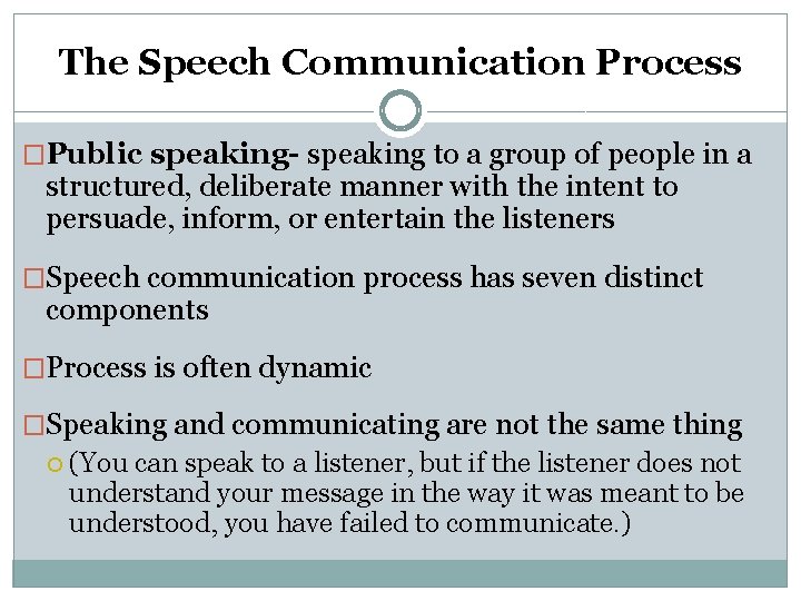 The Speech Communication Process �Public speaking- speaking to a group of people in a
