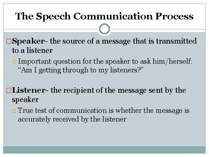 The Speech Communication Process �Speaker- the source of a message that is transmitted to