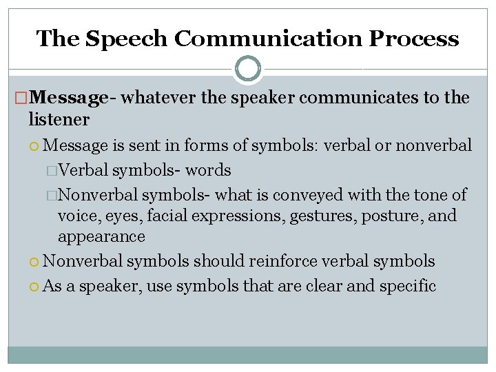 The Speech Communication Process �Message- whatever the speaker communicates to the listener Message is