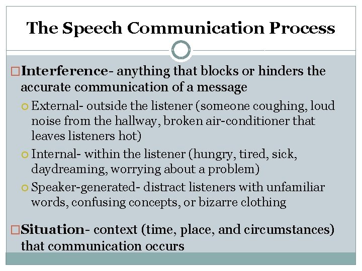 The Speech Communication Process �Interference- anything that blocks or hinders the accurate communication of