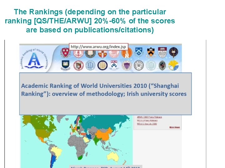 The Rankings (depending on the particular ranking [QS/THE/ARWU] 20%-60% of the scores are based