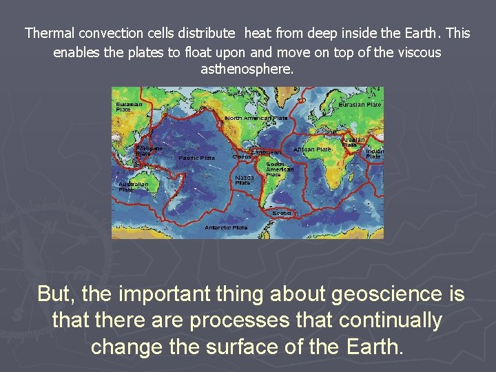 Thermal convection cells distribute heat from deep inside the Earth. This enables the plates