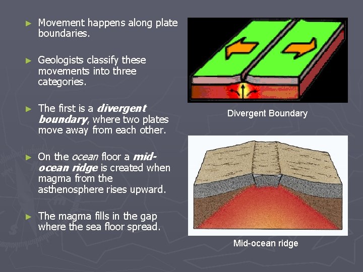 ► Movement happens along plate boundaries. ► Geologists classify these movements into three categories.