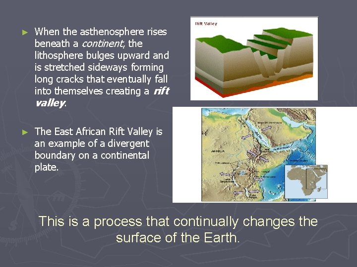 ► When the asthenosphere rises beneath a continent, the lithosphere bulges upward and is