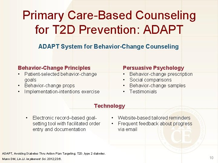 Primary Care-Based Counseling for T 2 D Prevention: ADAPT System for Behavior-Change Counseling Behavior-Change