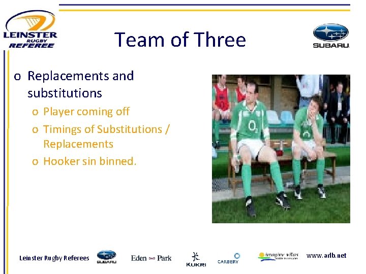 Team of Three o Replacements and substitutions o Player coming off o Timings of