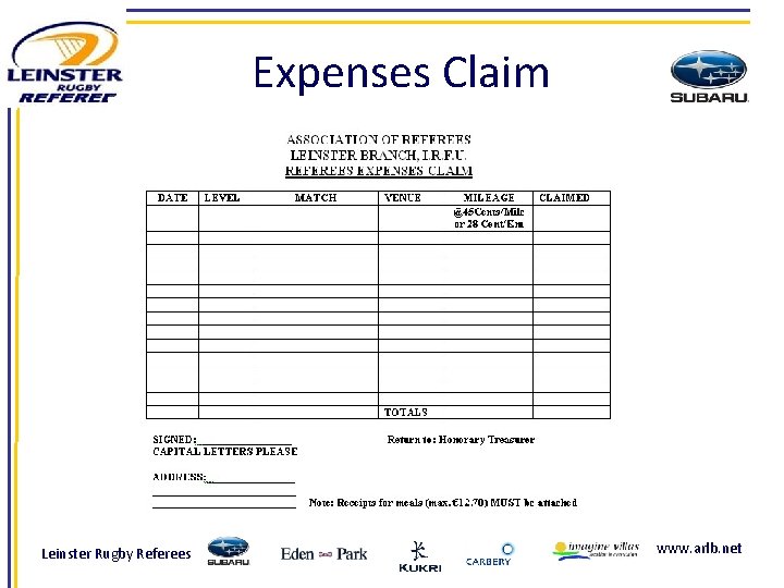 Expenses Claim Leinster Rugby Referees www. arlb. net 