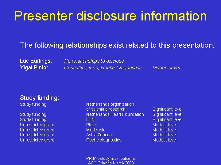 Presenter disclosure information The following relationships exist related to this presentation: Luc Eurlings: Yigal