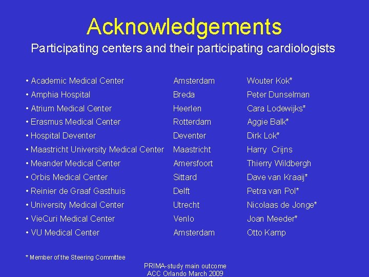 Acknowledgements Participating centers and their participating cardiologists • Academic Medical Center Amsterdam Wouter Kok*