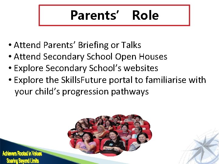 Parents’ Role • Attend Parents’ Briefing or Talks • Attend Secondary School Open Houses