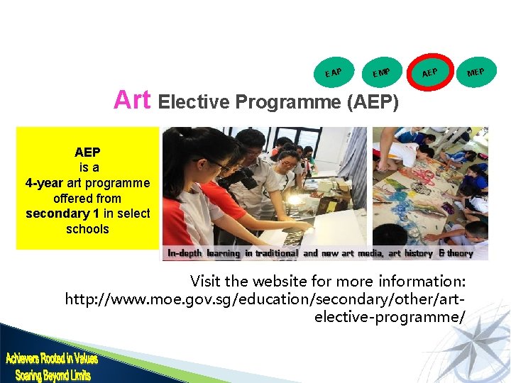 EAP EMP AEP Art Elective Programme (AEP) AEP is a 4 -year art programme