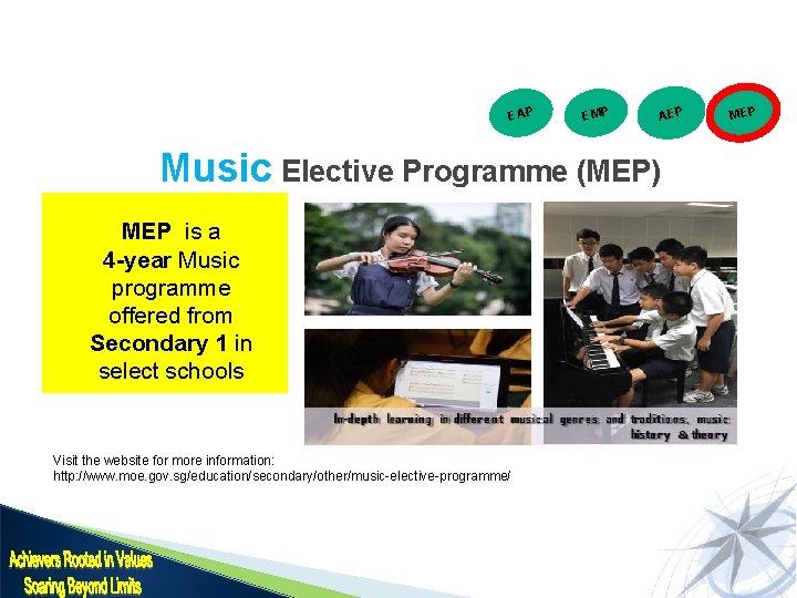 EAP EMP AEP Music Elective Programme (MEP) MEP is a 4 -year Music programme